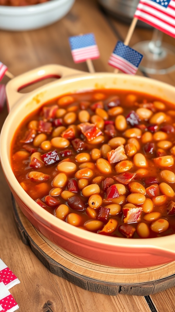 A serving of baked beans with bacon and onions in a rustic dish, surrounded by July 4th decorations.